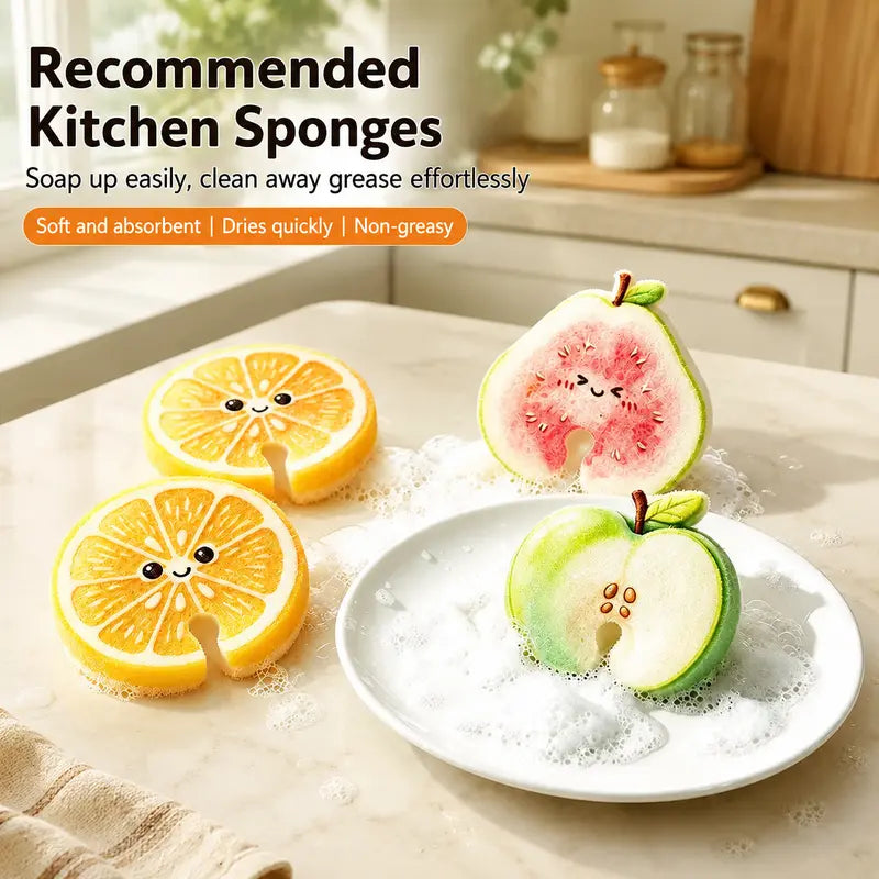 🍋 Cute Fruit Scrub Sponges – Rich Lather, Gentle Cleaning & Quick-Dry Kitchen Essentials ✨